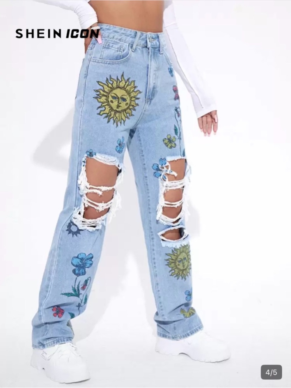 SHEIN ICON Floral High Waist Straight Leg Jeans NWOT - Picture 4 of 10